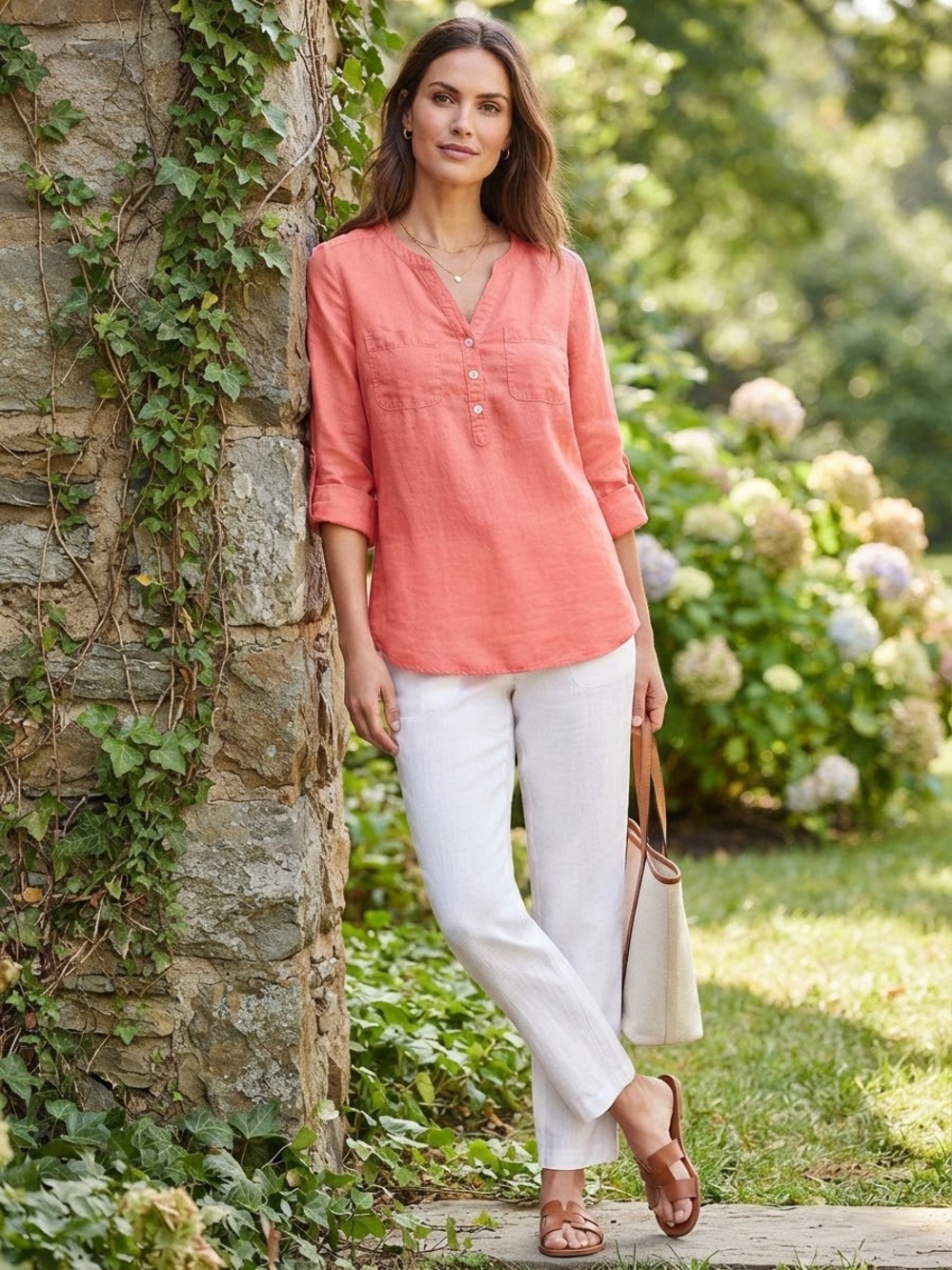 Talbots Coral Pink Linen Roll Sleeve Button Front tunic Top XS
